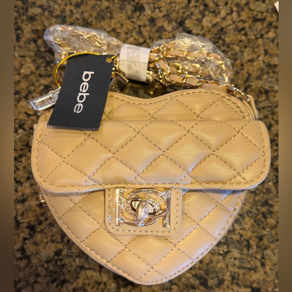Bebe quilted heart crossbody BEIGE purse valentines NWT gold strap dressy love